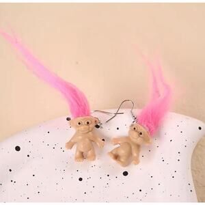 90’s Childhood Memories Trolls Pink Hair Dangle Hook Earrings